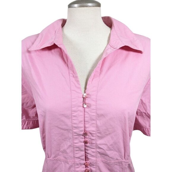 Womens MXM Plus Size 24 Button Up Blouse Pink Puff Short Sleeve Fitted Stretch - Picture 2 of 6